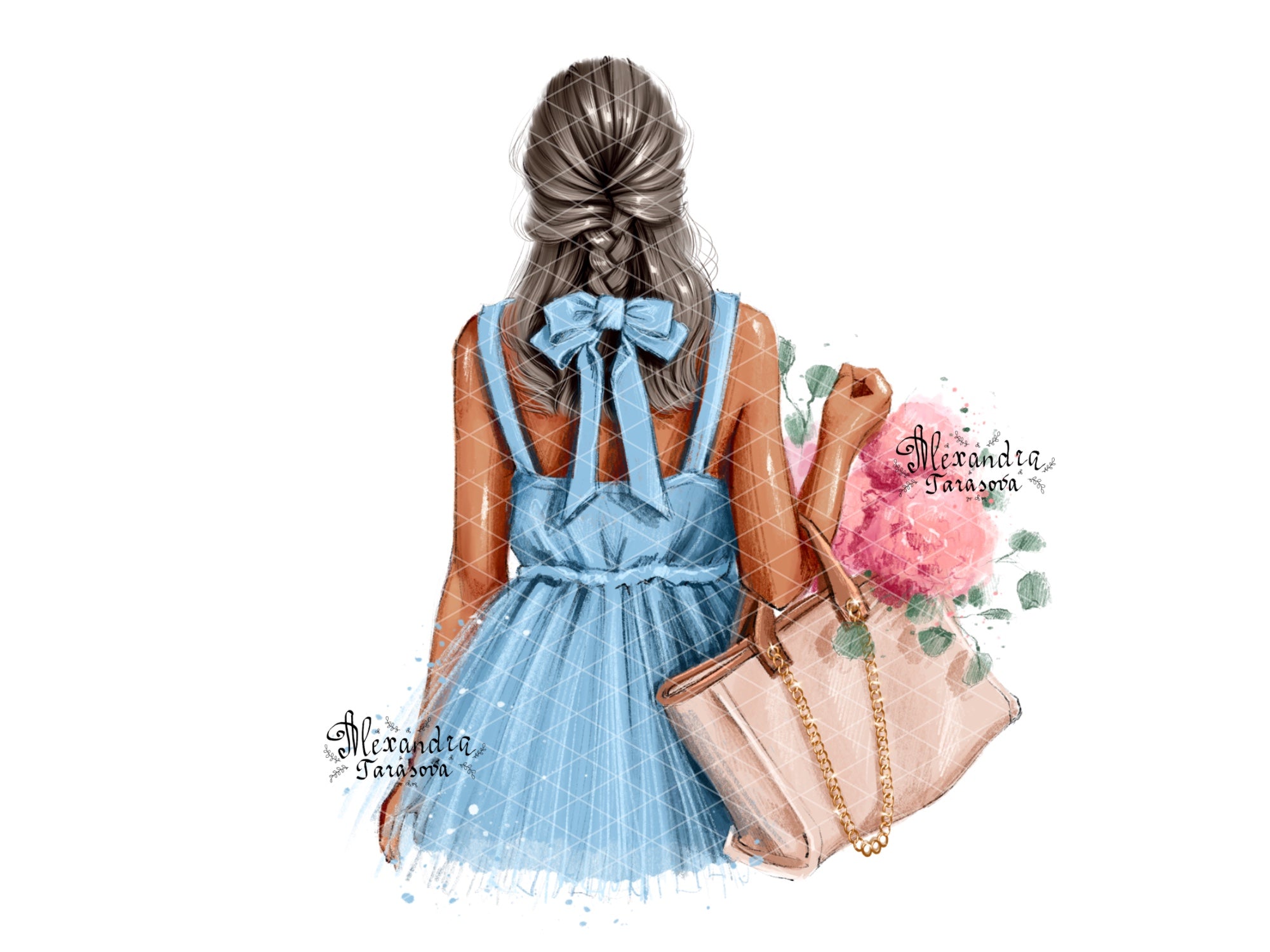 Digital Watercolor Illustration Fashion Girl Trendy Hairstyles Blue Dress Stylish Ribbon Instant Download Drawing Picture Printable Art