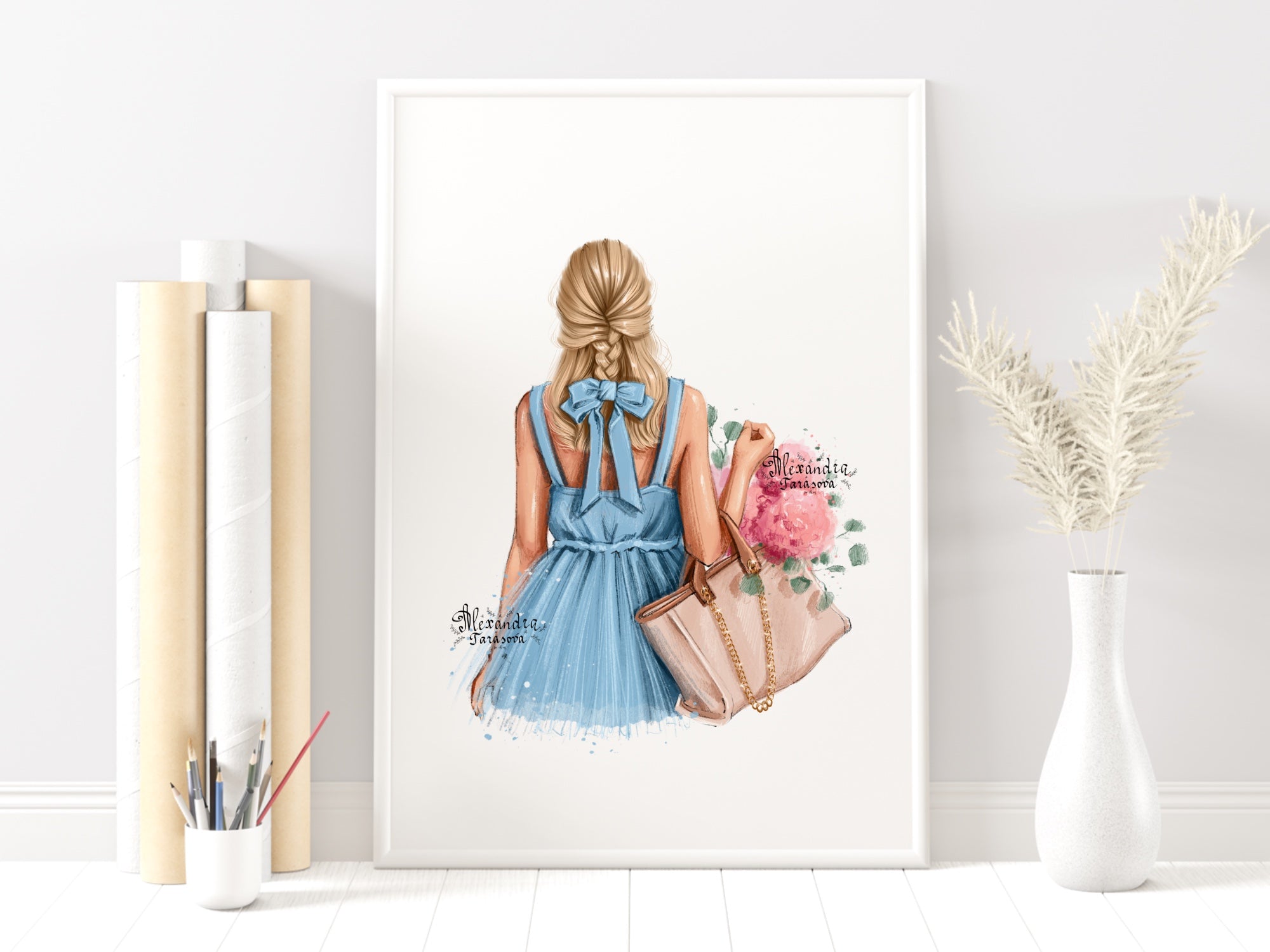 Digital Watercolor Illustration Fashion Girl Trendy Hairstyles Blue Dress Stylish Ribbon Instant Download Drawing Picture Printable Art