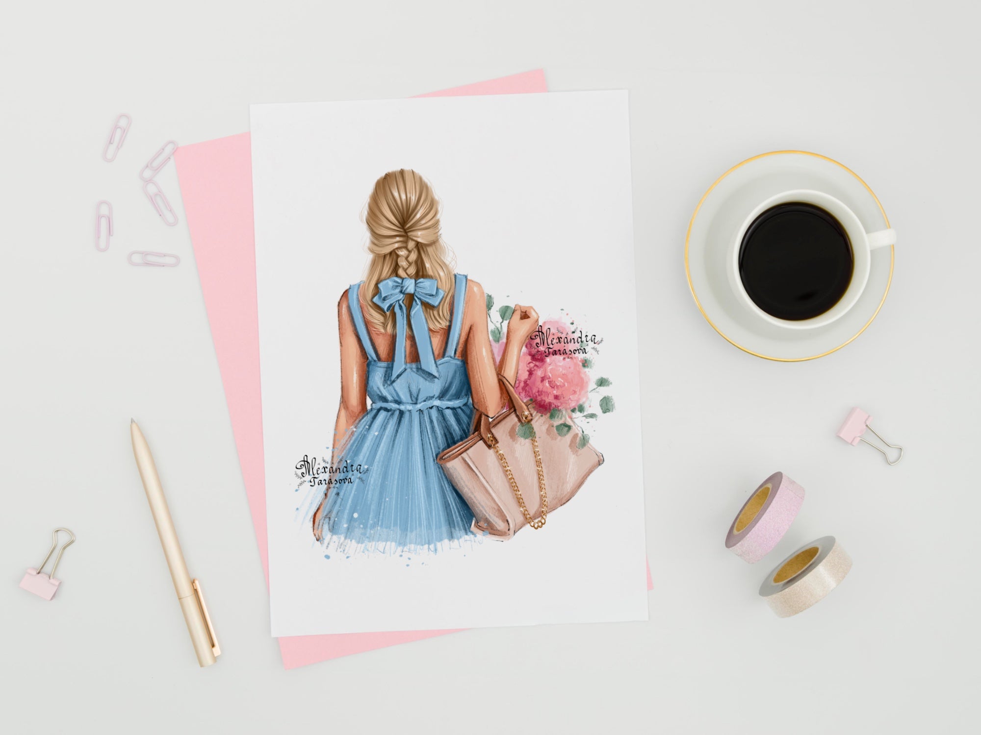 Digital Watercolor Illustration Fashion Girl Trendy Hairstyles Blue Dress Stylish Ribbon Instant Download Drawing Picture Printable Art