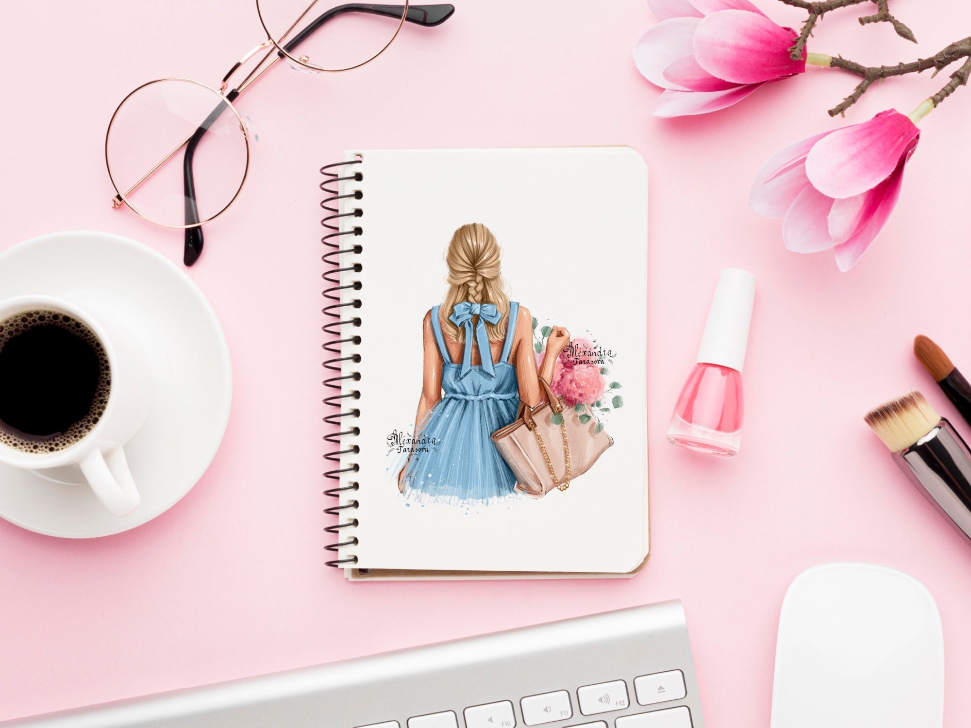 Digital Watercolor Illustration Fashion Girl Trendy Hairstyles Blue Dress Stylish Ribbon Instant Download Drawing Picture Printable Art