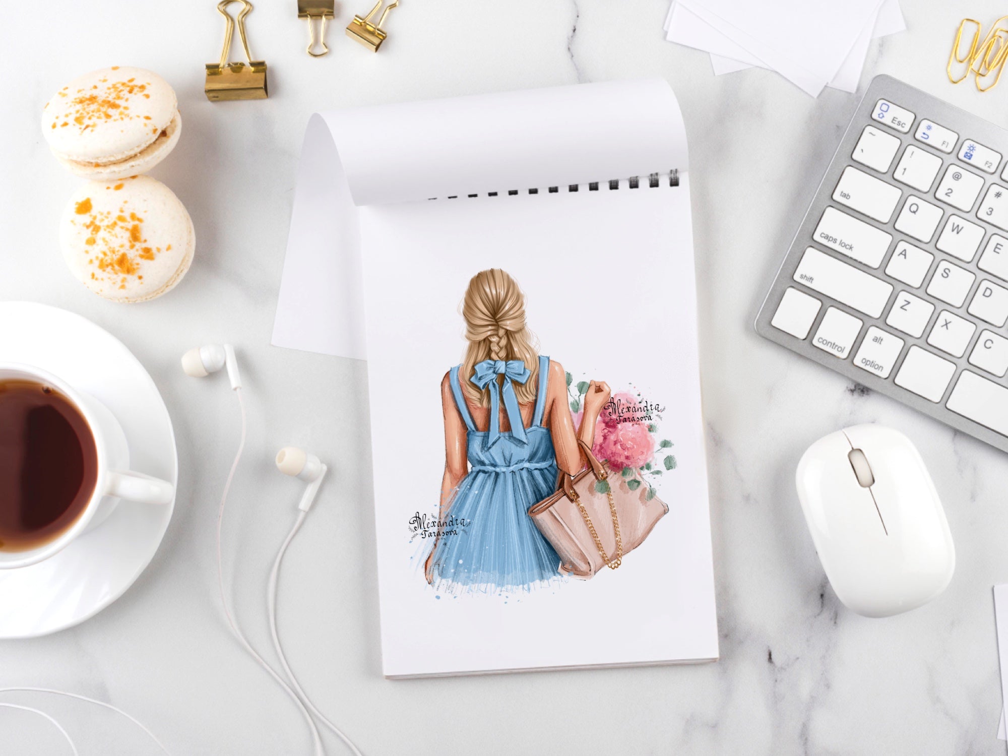 Digital Watercolor Illustration Fashion Girl Trendy Hairstyles Blue Dress Stylish Ribbon Instant Download Drawing Picture Printable Art