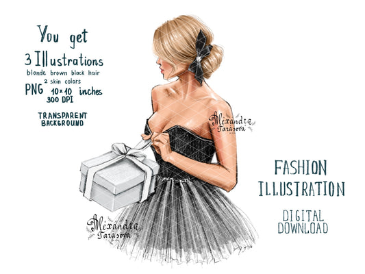 Digital Watercolor Illustration Fashion Girl Gift Box Black Stylish Dress Parisian Style Trendy Hairstyles Printable Art Clipart Stickers