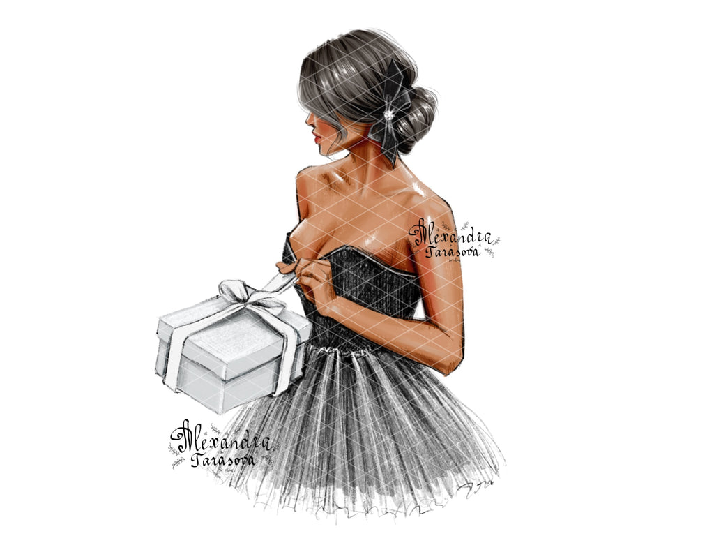 Digital Watercolor Illustration Fashion Girl Gift Box Black Stylish Dress Parisian Style Trendy Hairstyles Printable Art Clipart Stickers