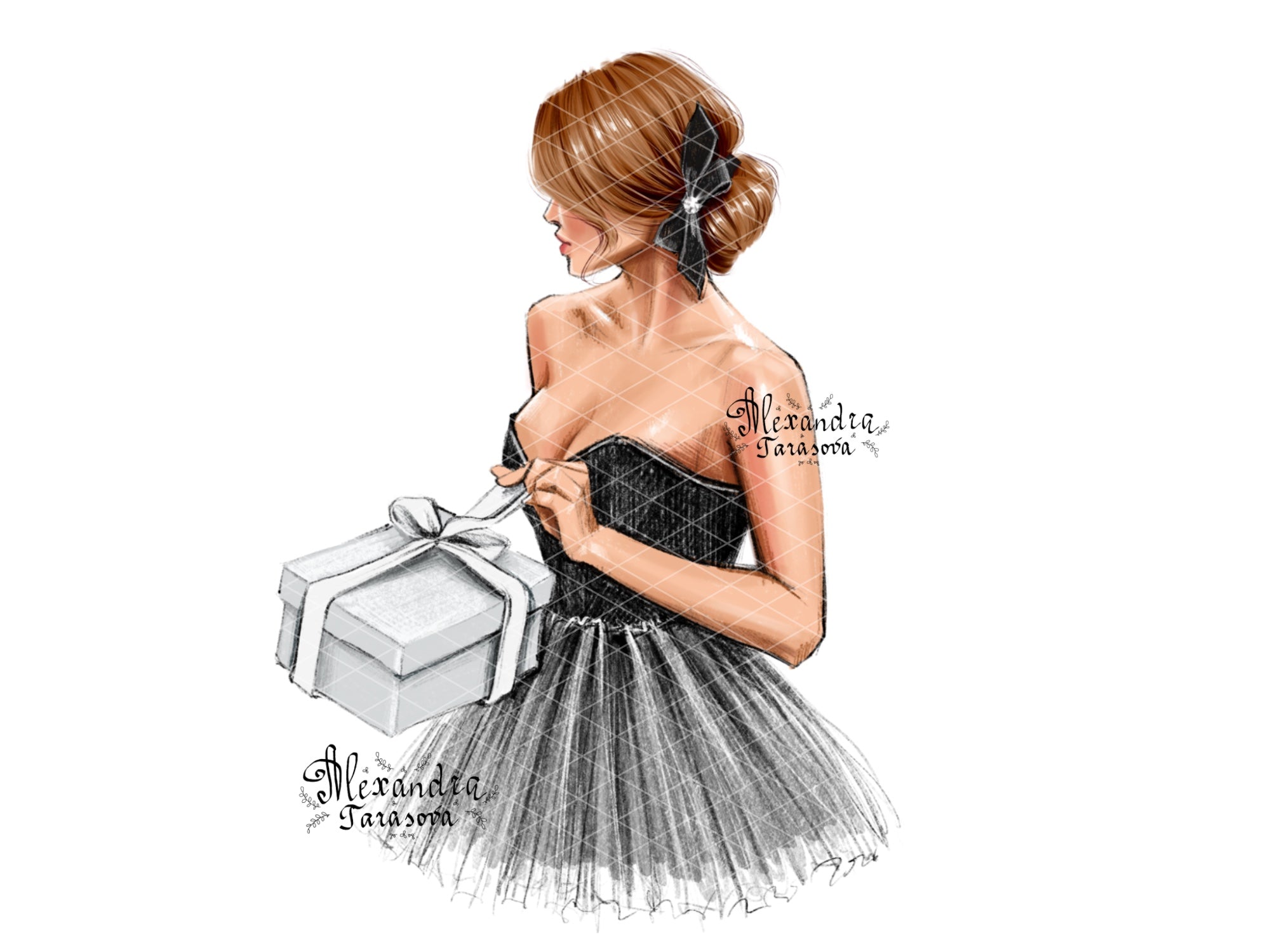 Digital Watercolor Illustration Fashion Girl Gift Box Black Stylish Dress Parisian Style Trendy Hairstyles Printable Art Clipart Stickers