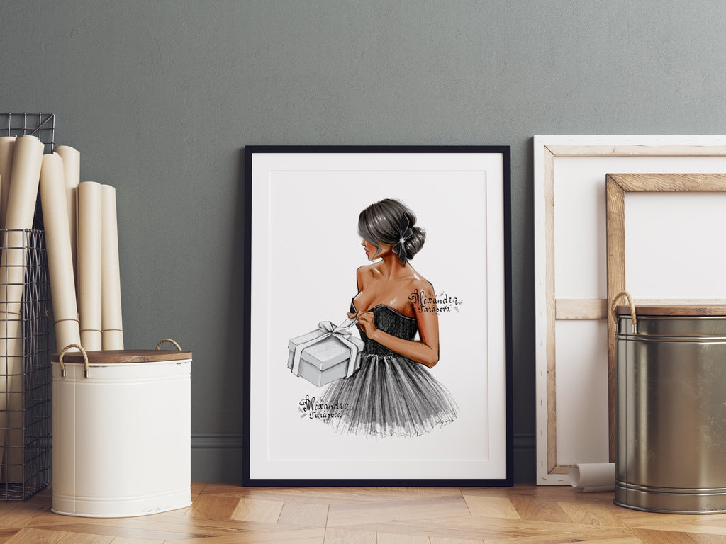 Digital Watercolor Illustration Fashion Girl Gift Box Black Stylish Dress Parisian Style Trendy Hairstyles Printable Art Clipart Stickers