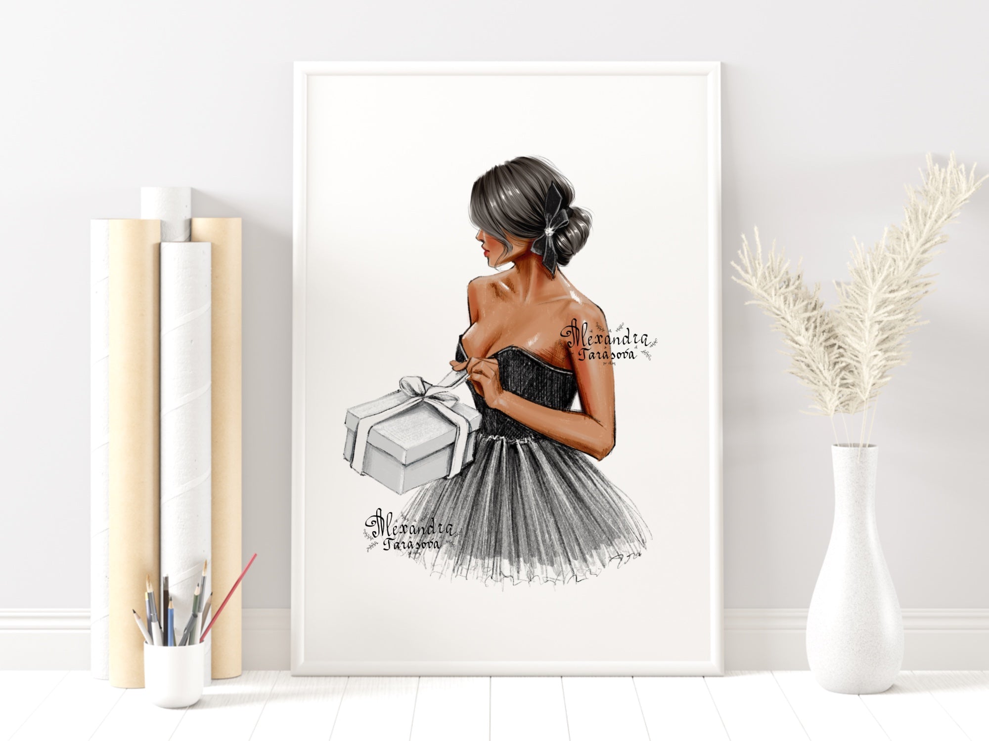 Digital Watercolor Illustration Fashion Girl Gift Box Black Stylish Dress Parisian Style Trendy Hairstyles Printable Art Clipart Stickers