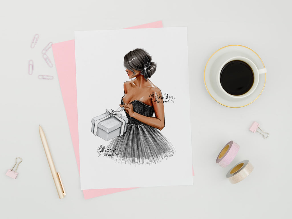 Digital Watercolor Illustration Fashion Girl Gift Box Black Stylish Dress Parisian Style Trendy Hairstyles Printable Art Clipart Stickers