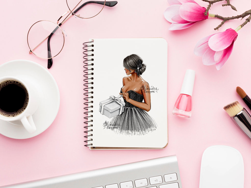 Digital Watercolor Illustration Fashion Girl Gift Box Black Stylish Dress Parisian Style Trendy Hairstyles Printable Art Clipart Stickers