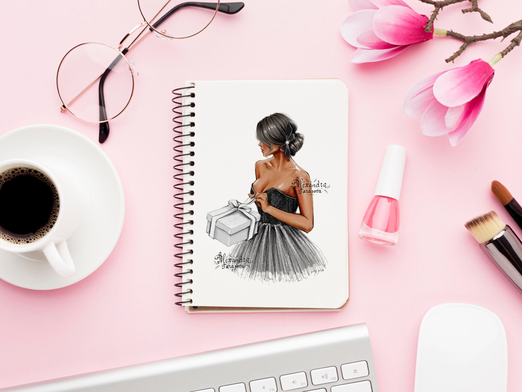 Digital Watercolor Illustration Fashion Girl Gift Box Black Stylish Dress Parisian Style Trendy Hairstyles Printable Art Clipart Stickers