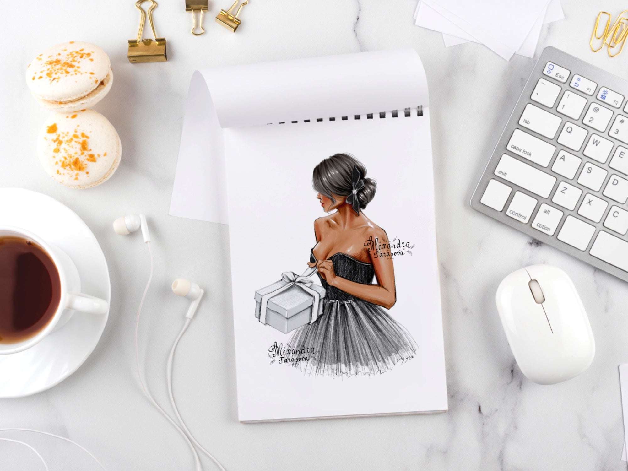 Digital Watercolor Illustration Fashion Girl Gift Box Black Stylish Dress Parisian Style Trendy Hairstyles Printable Art Clipart Stickers