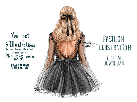 Digital Watercolor Illustration Stylish Girl Black Dress Tutu Instant Download Drawing Style Clipart Stickers Printable Art Watercolor