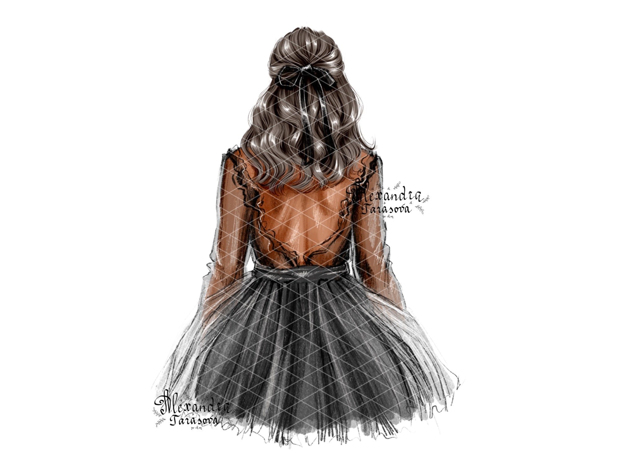 Digital Watercolor Illustration Stylish Girl Black Dress Tutu Instant Download Drawing Style Clipart Stickers Printable Art Watercolor