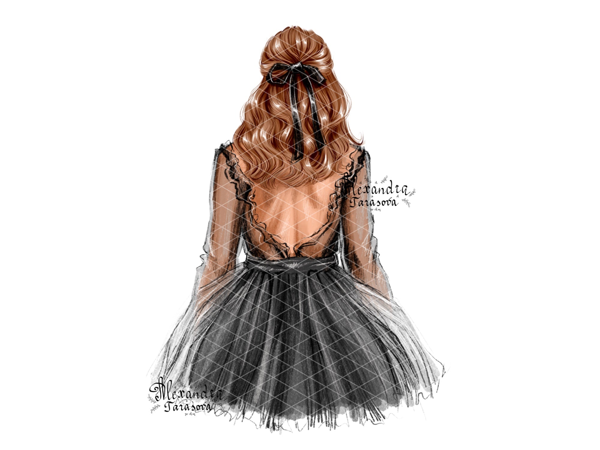 Digital Watercolor Illustration Stylish Girl Black Dress Tutu Instant Download Drawing Style Clipart Stickers Printable Art Watercolor