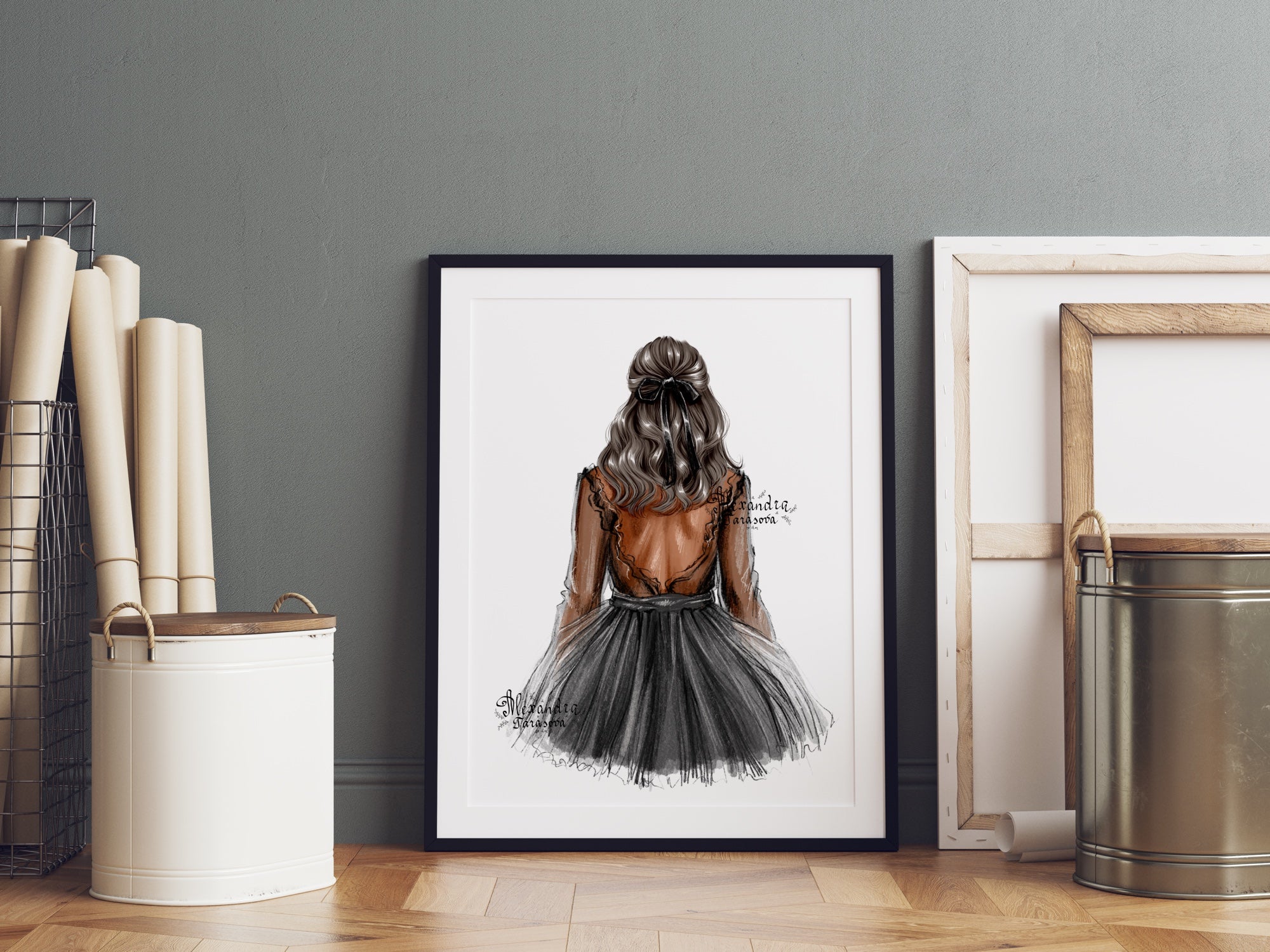 Digital Watercolor Illustration Stylish Girl Black Dress Tutu Instant Download Drawing Style Clipart Stickers Printable Art Watercolor