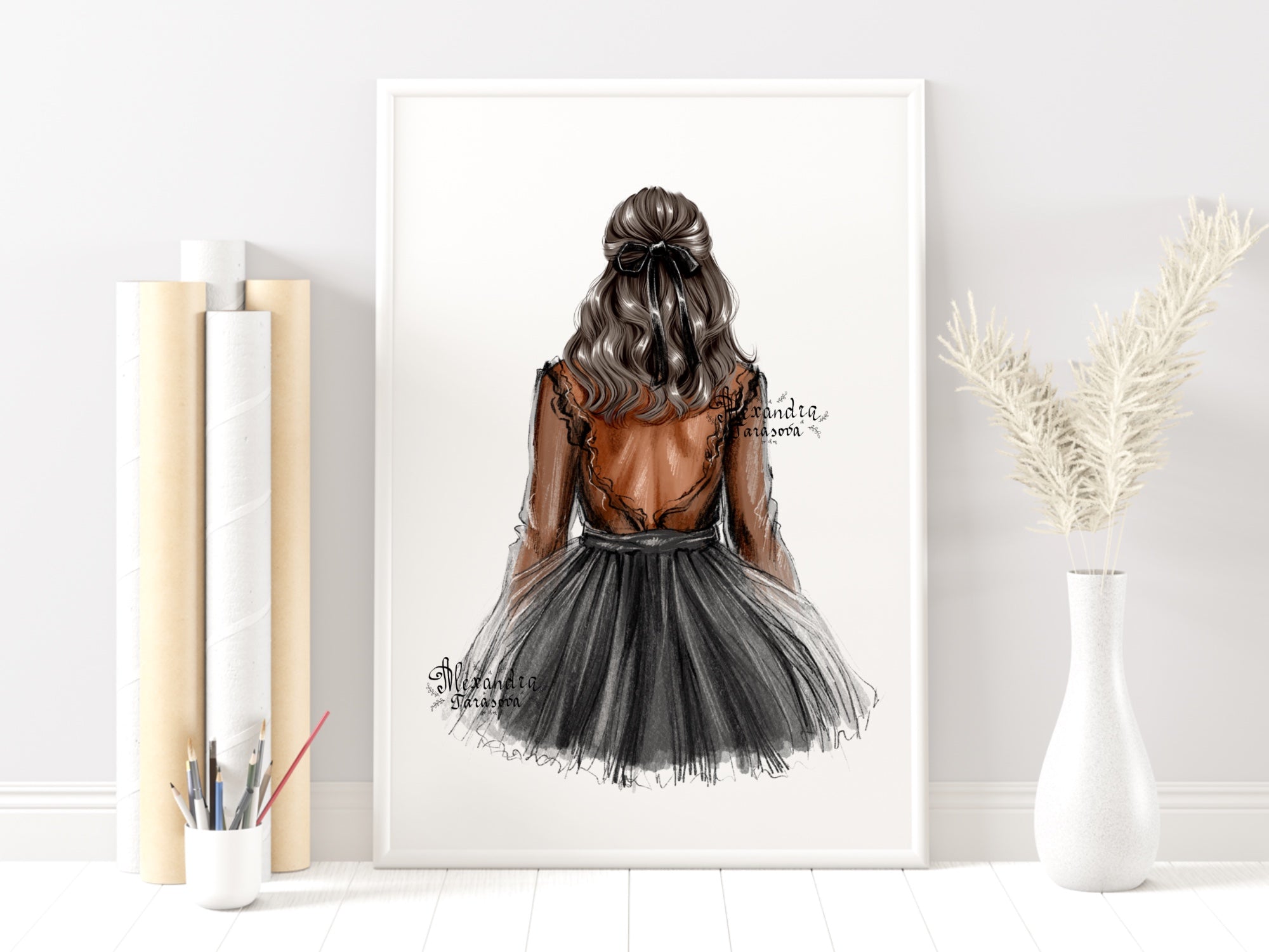 Digital Watercolor Illustration Stylish Girl Black Dress Tutu Instant Download Drawing Style Clipart Stickers Printable Art Watercolor