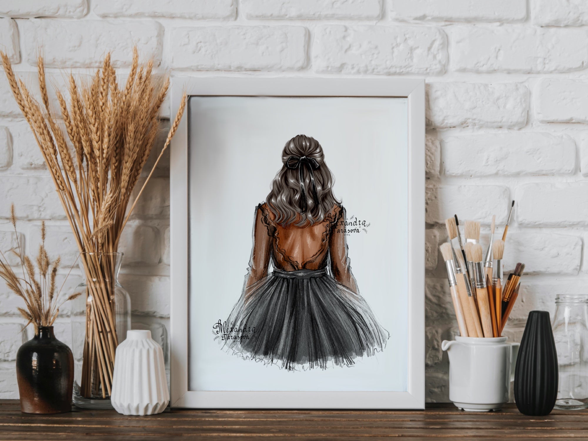 Digital Watercolor Illustration Stylish Girl Black Dress Tutu Instant Download Drawing Style Clipart Stickers Printable Art Watercolor