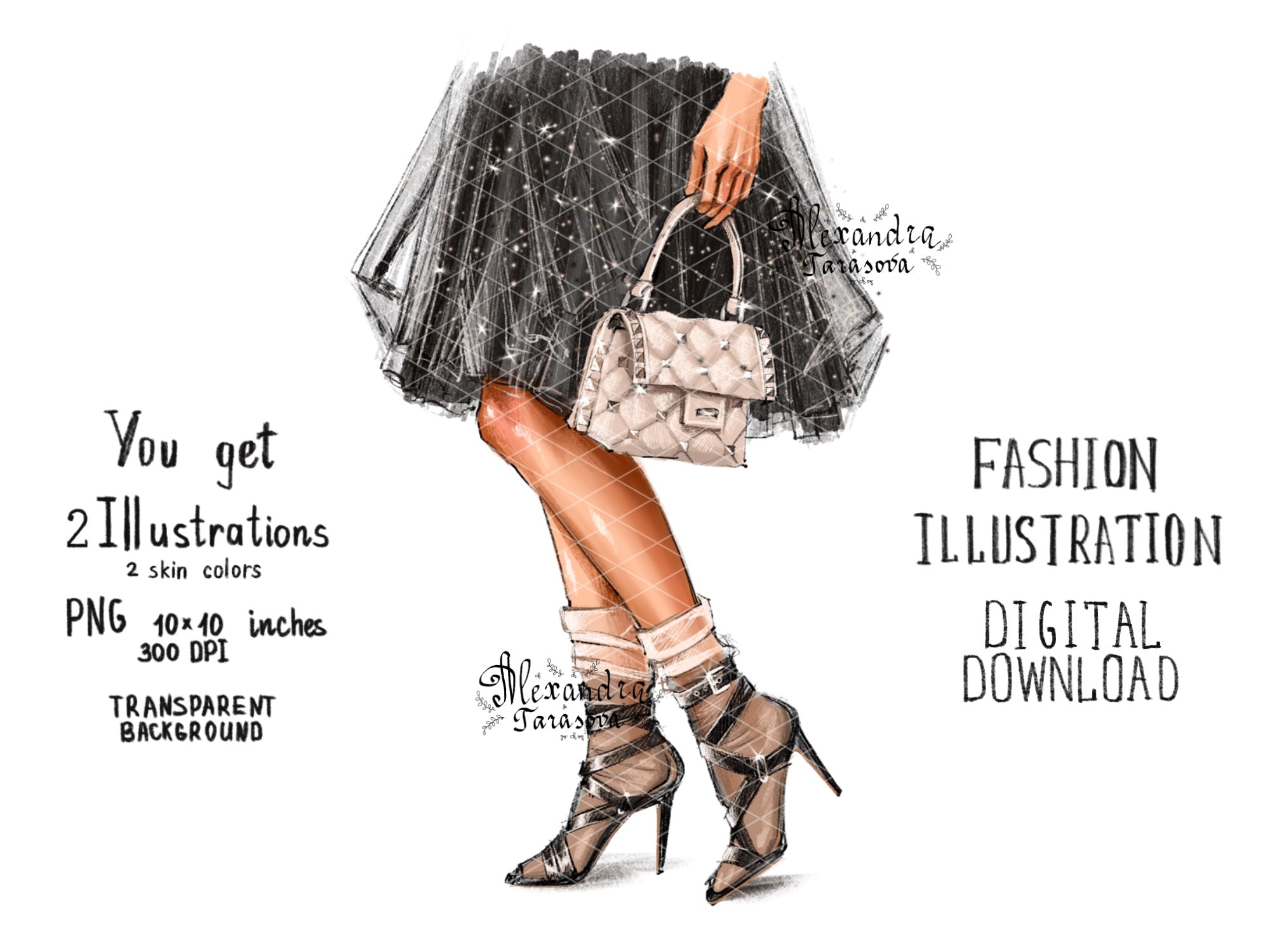 Digital Watercolor Illustration Fashion Girl Stylish Bag Trendy Shoes Black Dress Tutu Printable Art Clipart Stickers Instant Download