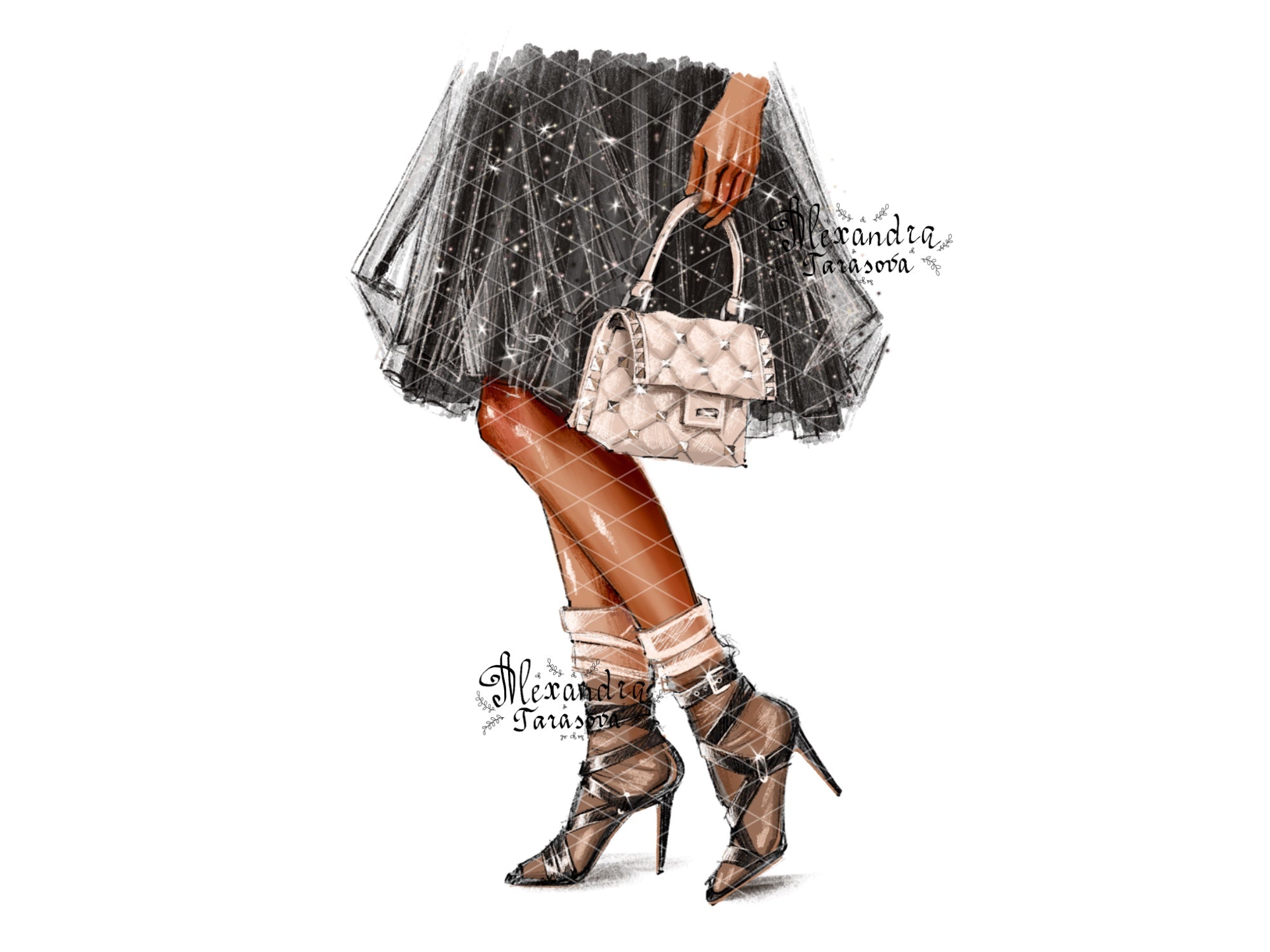 Digital Watercolor Illustration Fashion Girl Stylish Bag Trendy Shoes Black Dress Tutu Printable Art Clipart Stickers Instant Download