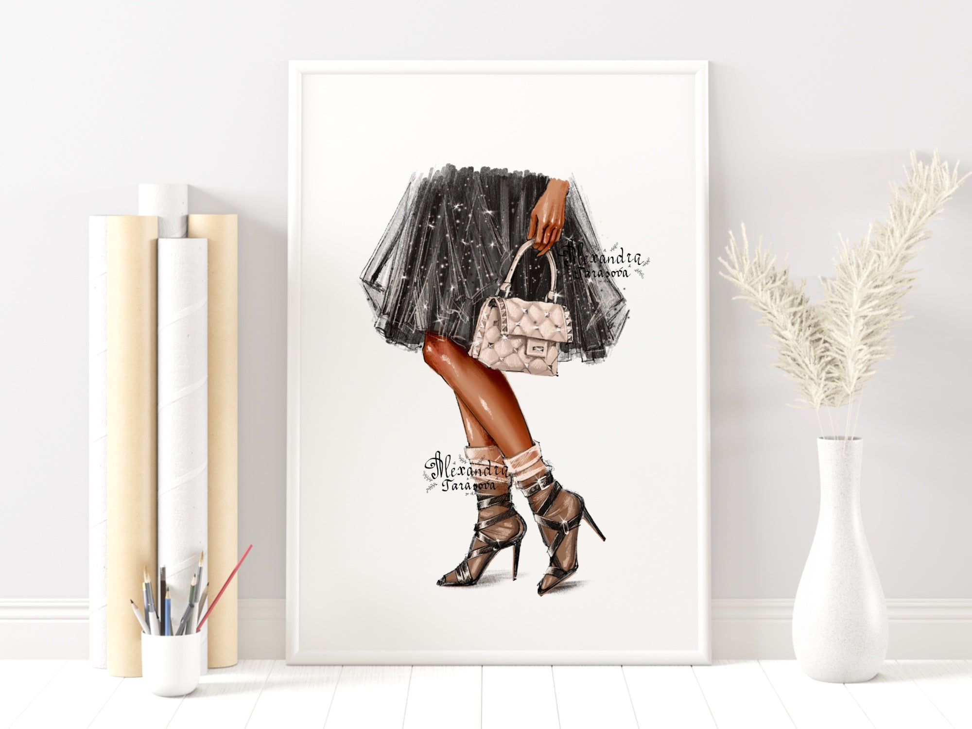 Digital Watercolor Illustration Fashion Girl Stylish Bag Trendy Shoes Black Dress Tutu Printable Art Clipart Stickers Instant Download