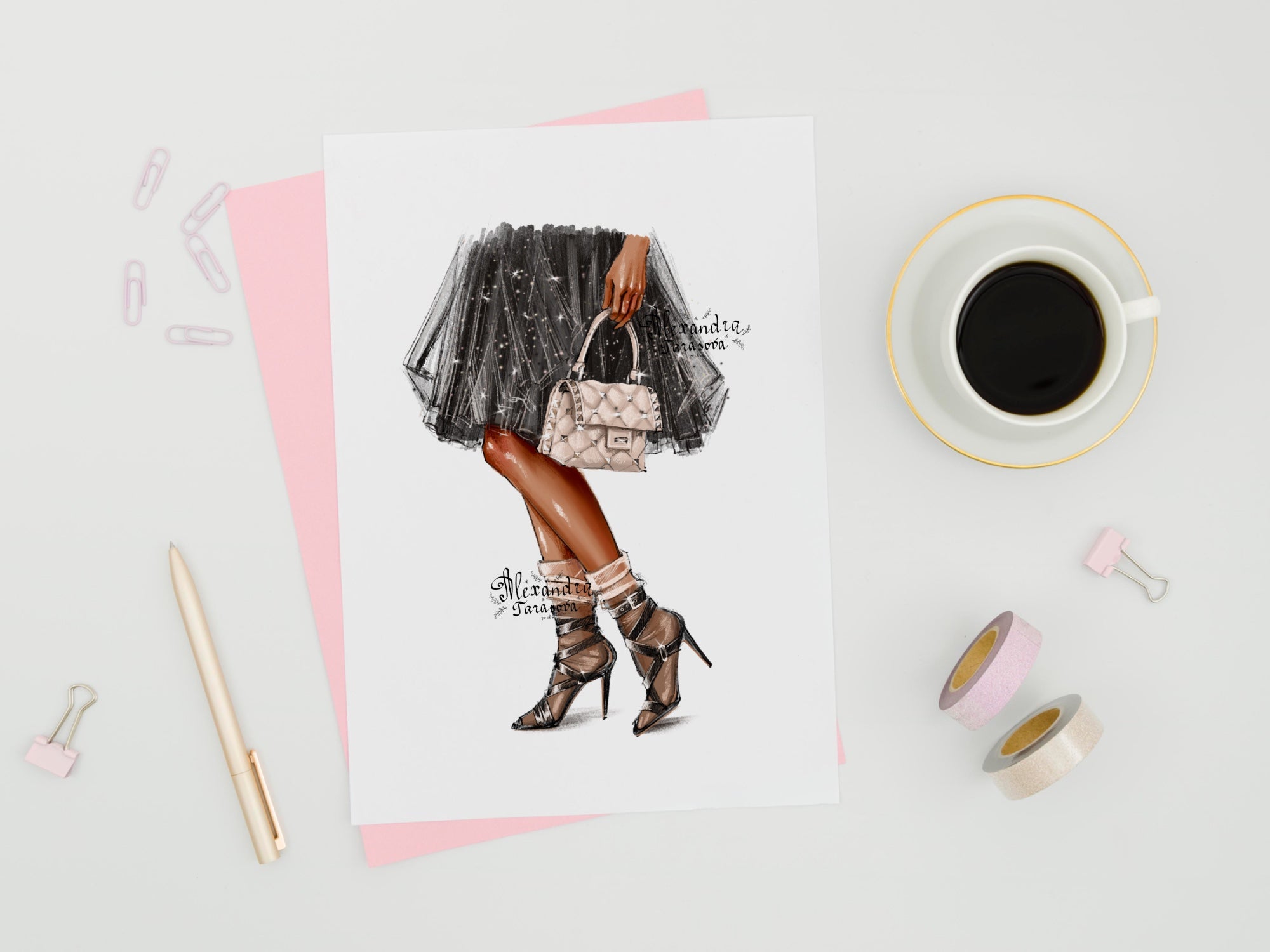 Digital Watercolor Illustration Fashion Girl Stylish Bag Trendy Shoes Black Dress Tutu Printable Art Clipart Stickers Instant Download