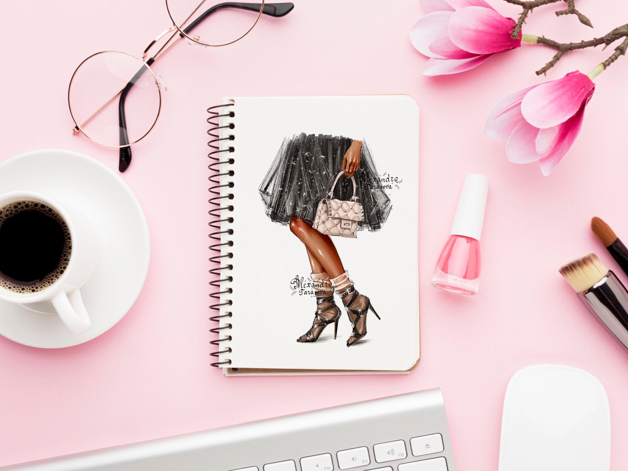 Digital Watercolor Illustration Fashion Girl Stylish Bag Trendy Shoes Black Dress Tutu Printable Art Clipart Stickers Instant Download