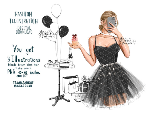 Digital Watercolor Illustration Stylish Girl Trendy Hairstyles Bun Black Dress Printable Art Cupcake Fashion Decor