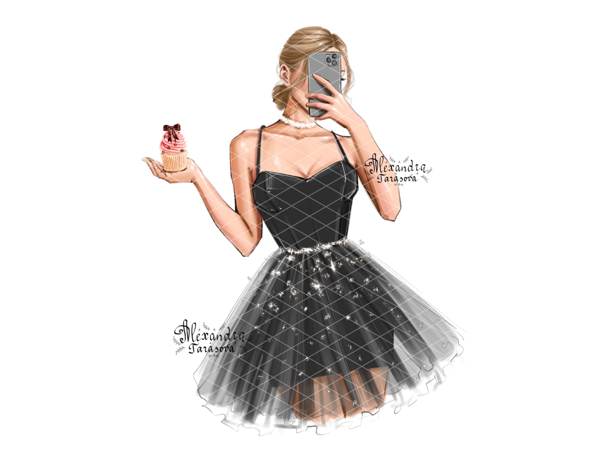 Digital Watercolor Illustration Stylish Girl Trendy Hairstyles Bun Black Dress Printable Art Cupcake Fashion Decor