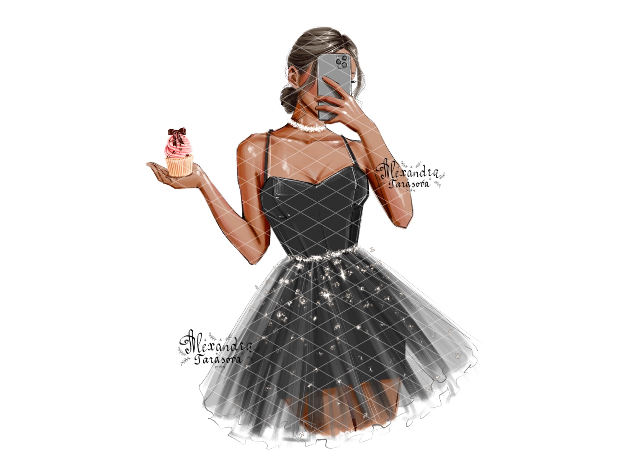 Digital Watercolor Illustration Stylish Girl Trendy Hairstyles Bun Black Dress Printable Art Cupcake Fashion Decor