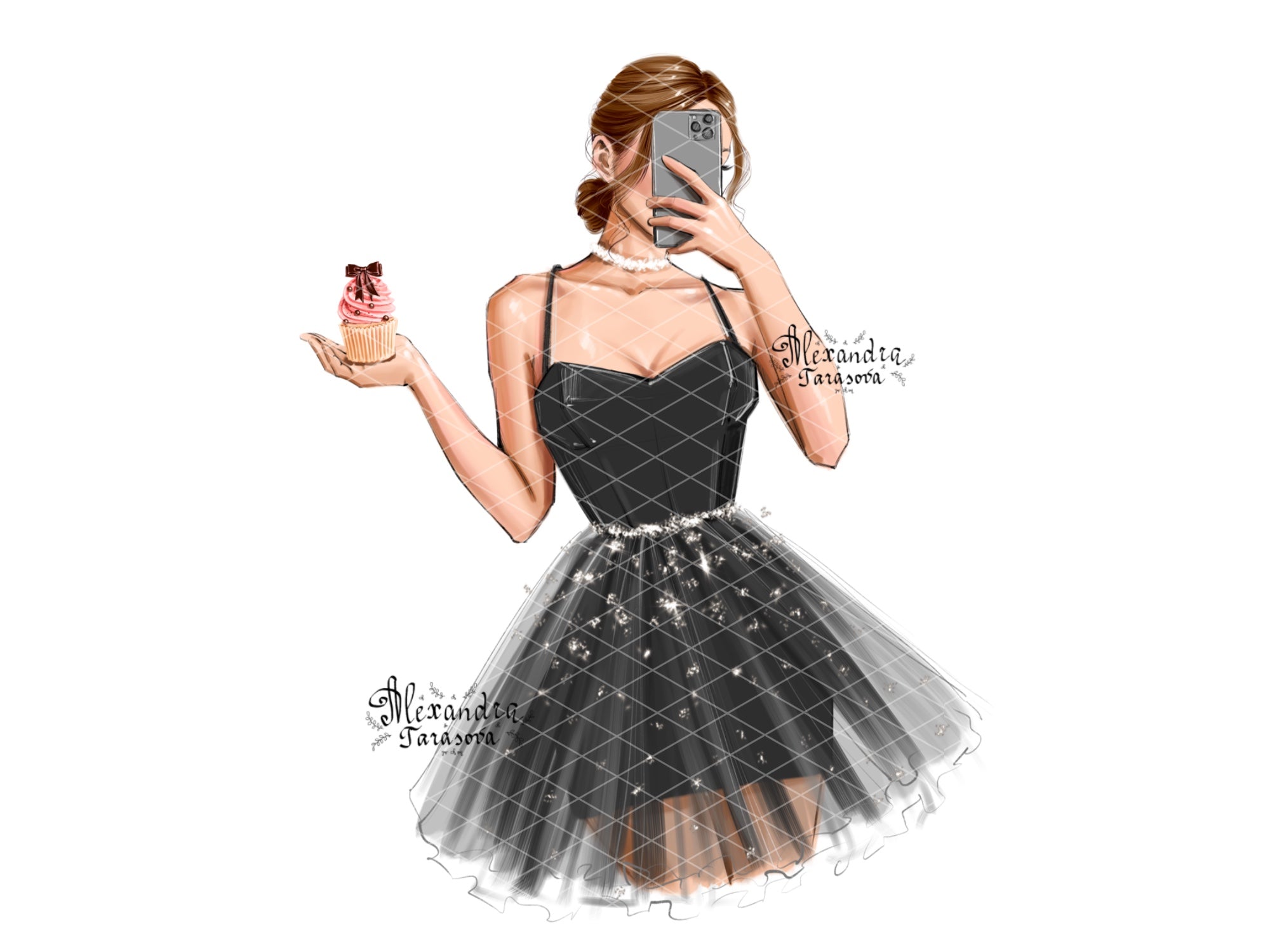 Digital Watercolor Illustration Stylish Girl Trendy Hairstyles Bun Black Dress Printable Art Cupcake Fashion Decor