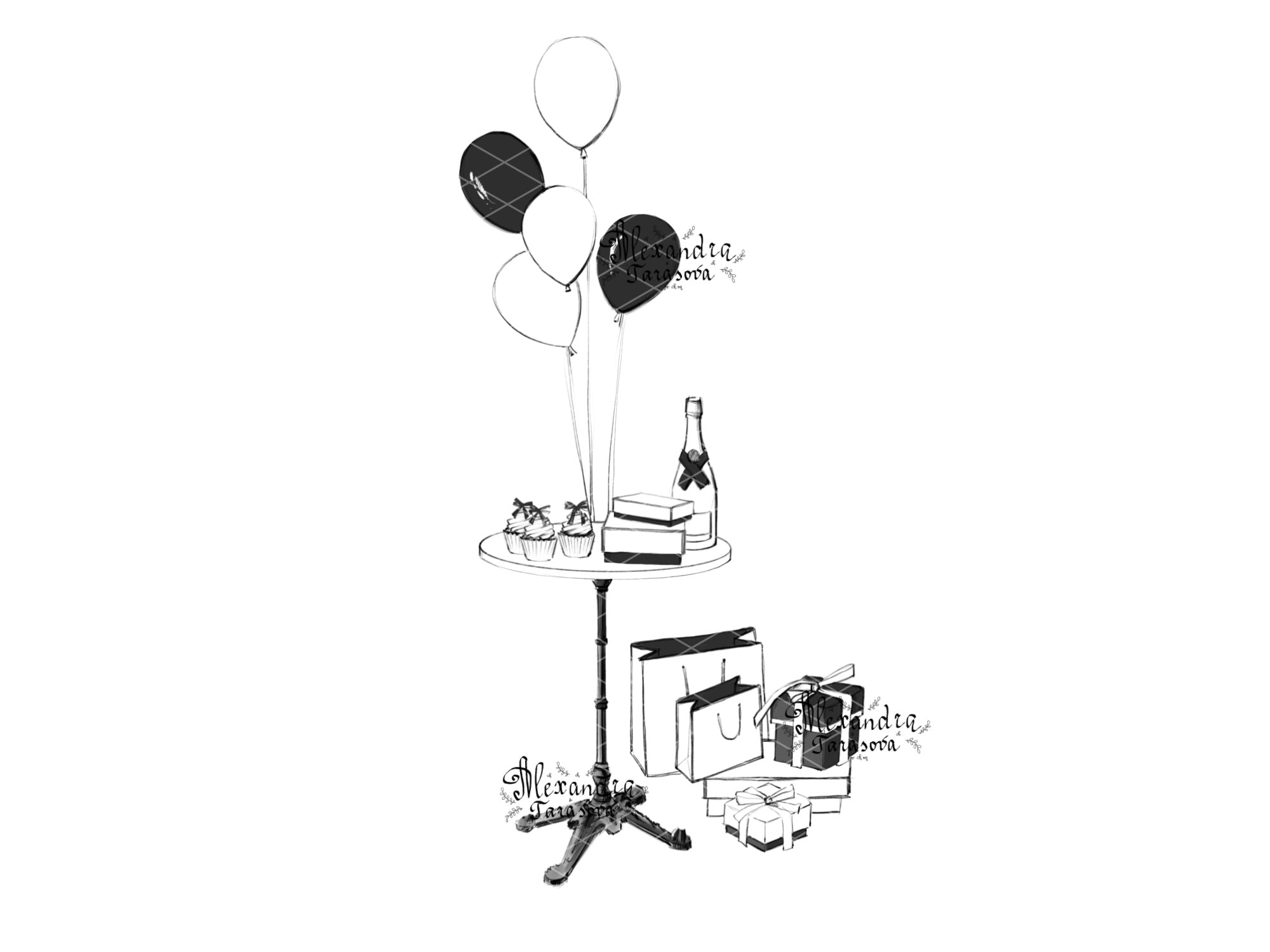 Digital Watercolor Illustration Stylish Girl Trendy Hairstyles Bun Black Dress Printable Art Cupcake Fashion Decor