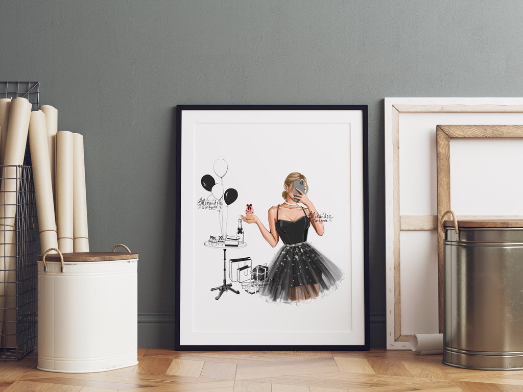 Digital Watercolor Illustration Stylish Girl Trendy Hairstyles Bun Black Dress Printable Art Cupcake Fashion Decor