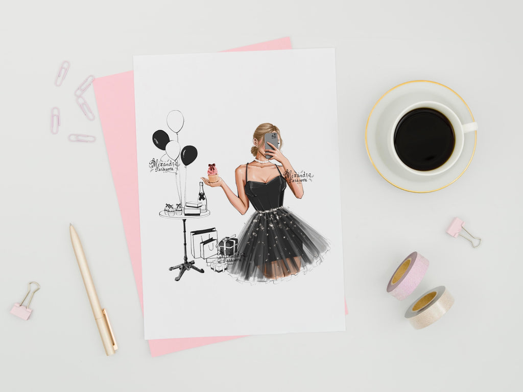 Digital Watercolor Illustration Stylish Girl Trendy Hairstyles Bun Black Dress Printable Art Cupcake Fashion Decor