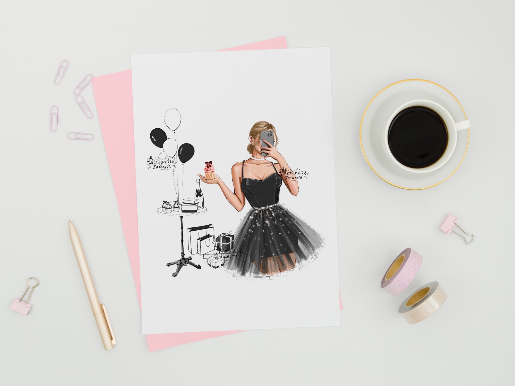 Digital Watercolor Illustration Stylish Girl Trendy Hairstyles Bun Black Dress Printable Art Cupcake Fashion Decor