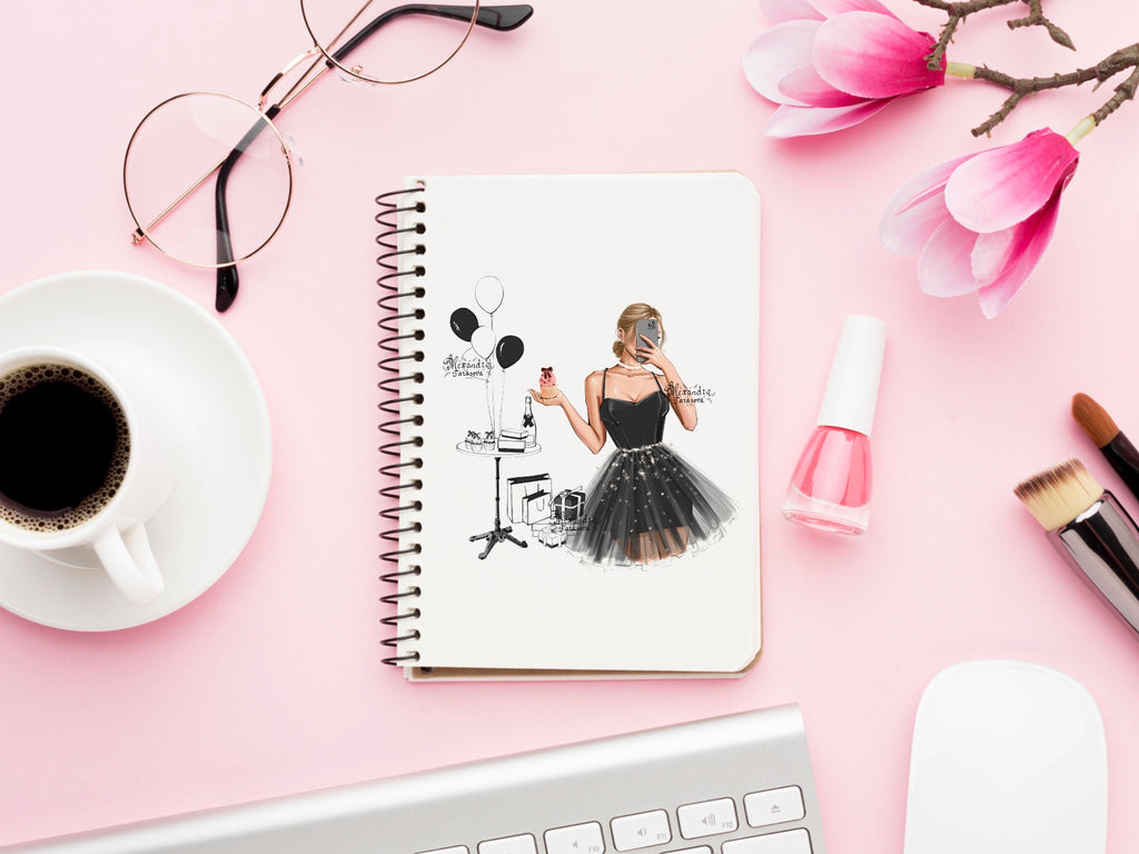 Digital Watercolor Illustration Stylish Girl Trendy Hairstyles Bun Black Dress Printable Art Cupcake Fashion Decor