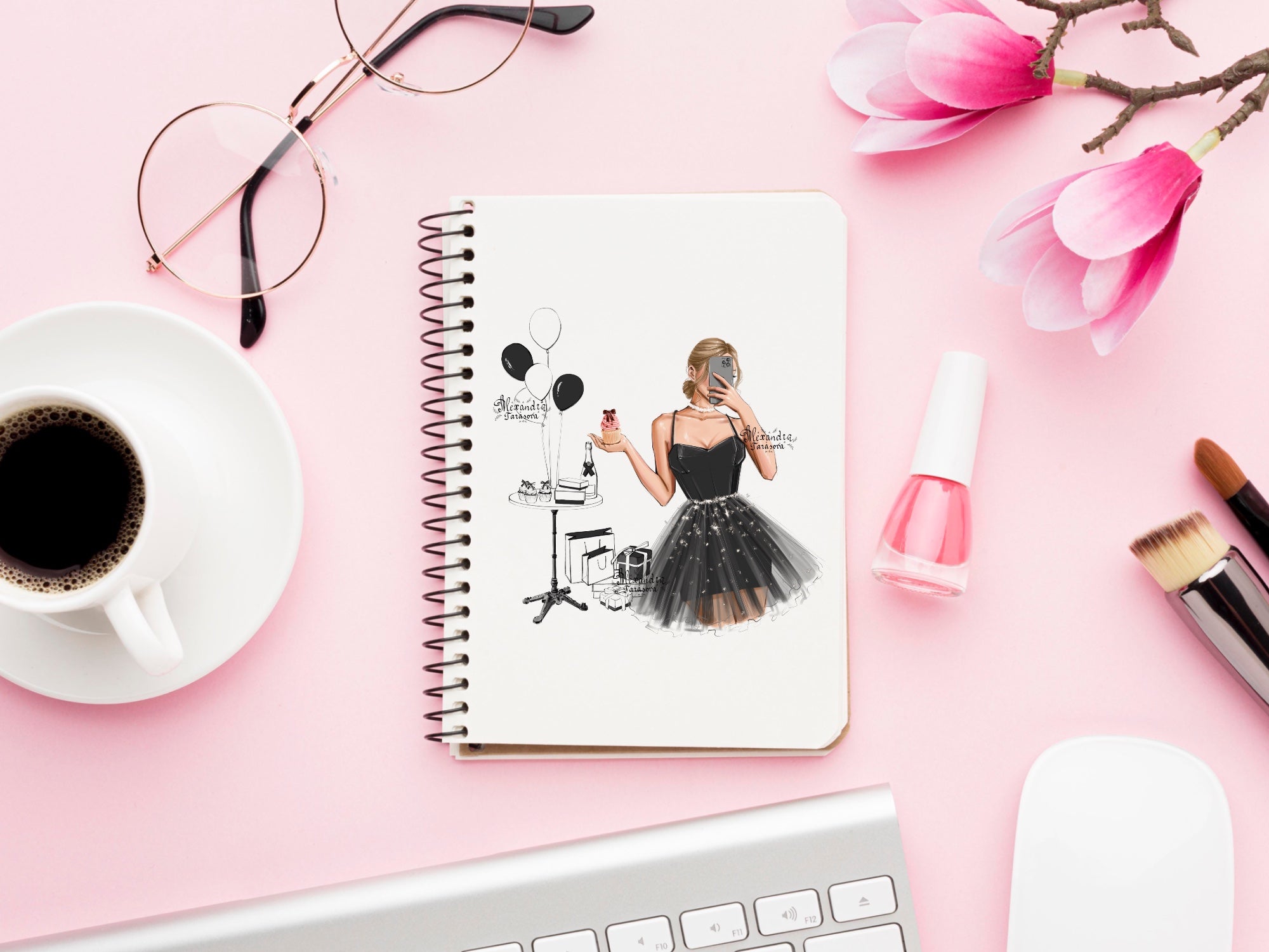 Digital Watercolor Illustration Stylish Girl Trendy Hairstyles Bun Black Dress Printable Art Cupcake Fashion Decor