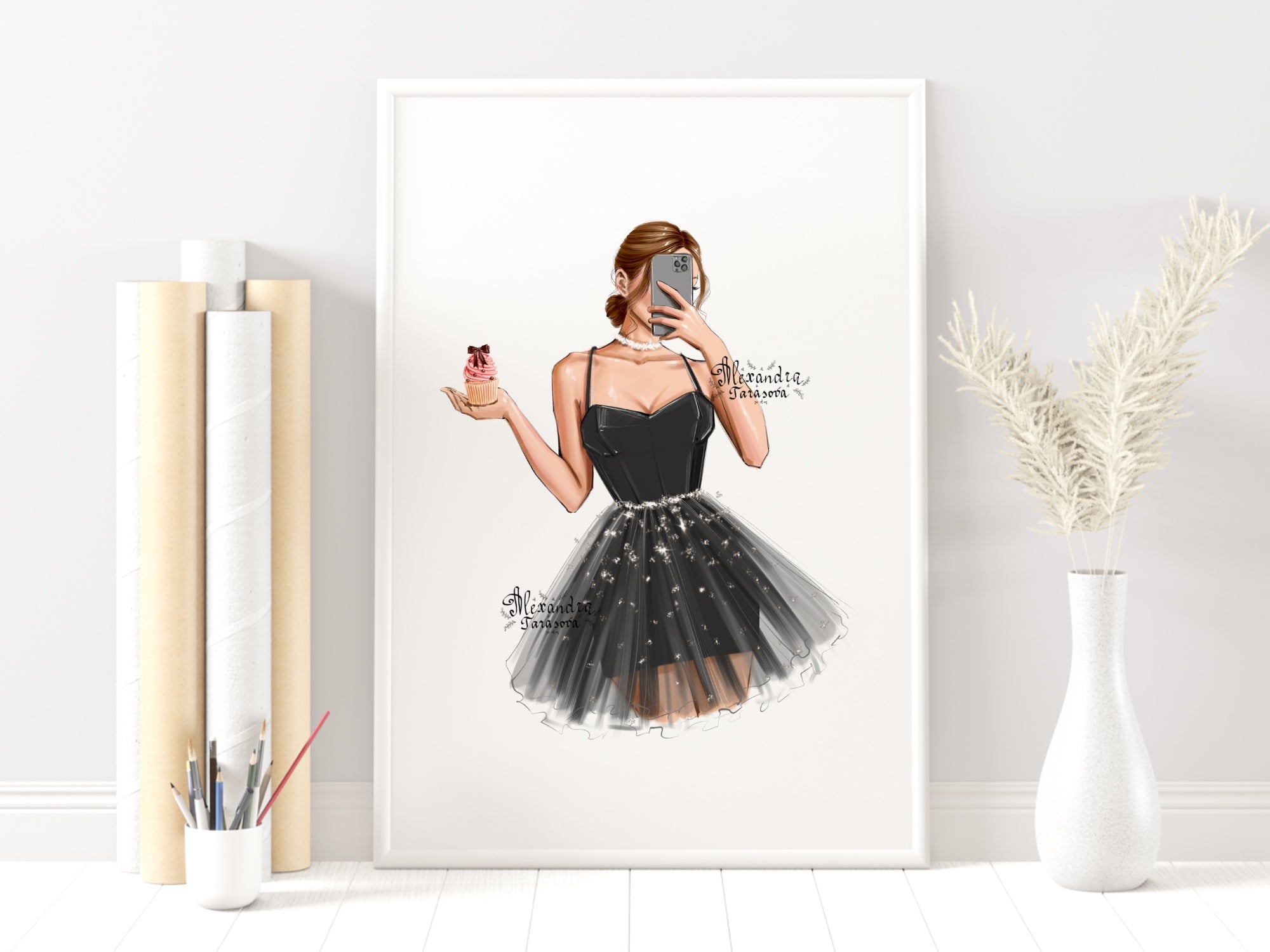 Digital Watercolor Illustration Stylish Girl Trendy Hairstyles Bun Black Dress Printable Art Cupcake Fashion Decor