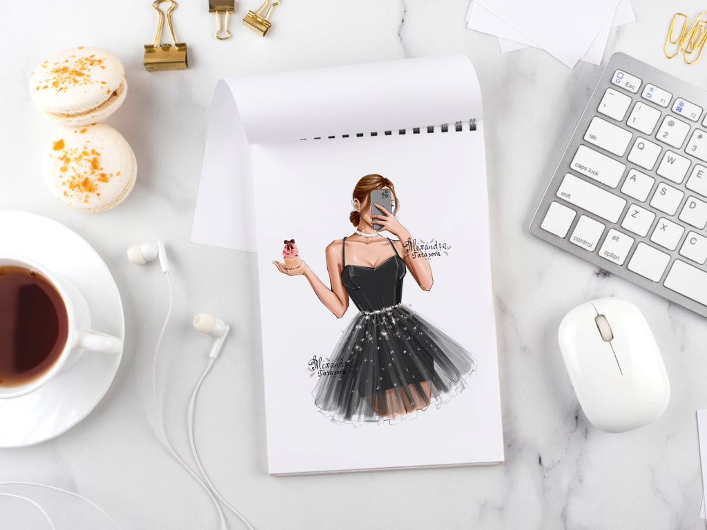 Digital Watercolor Illustration Stylish Girl Trendy Hairstyles Bun Black Dress Printable Art Cupcake Fashion Decor