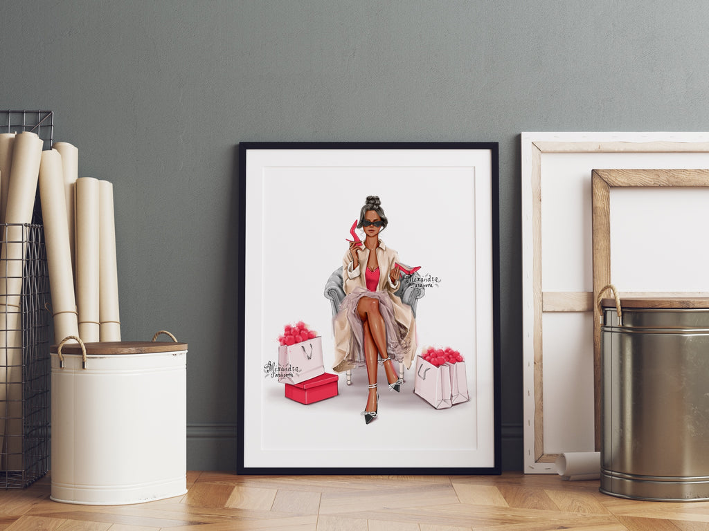 Digital Watercolor Illustration Fashion Girl Black Boss Girl Stylish Red Shoes Printable Art Watercolor Painting Drawing Style