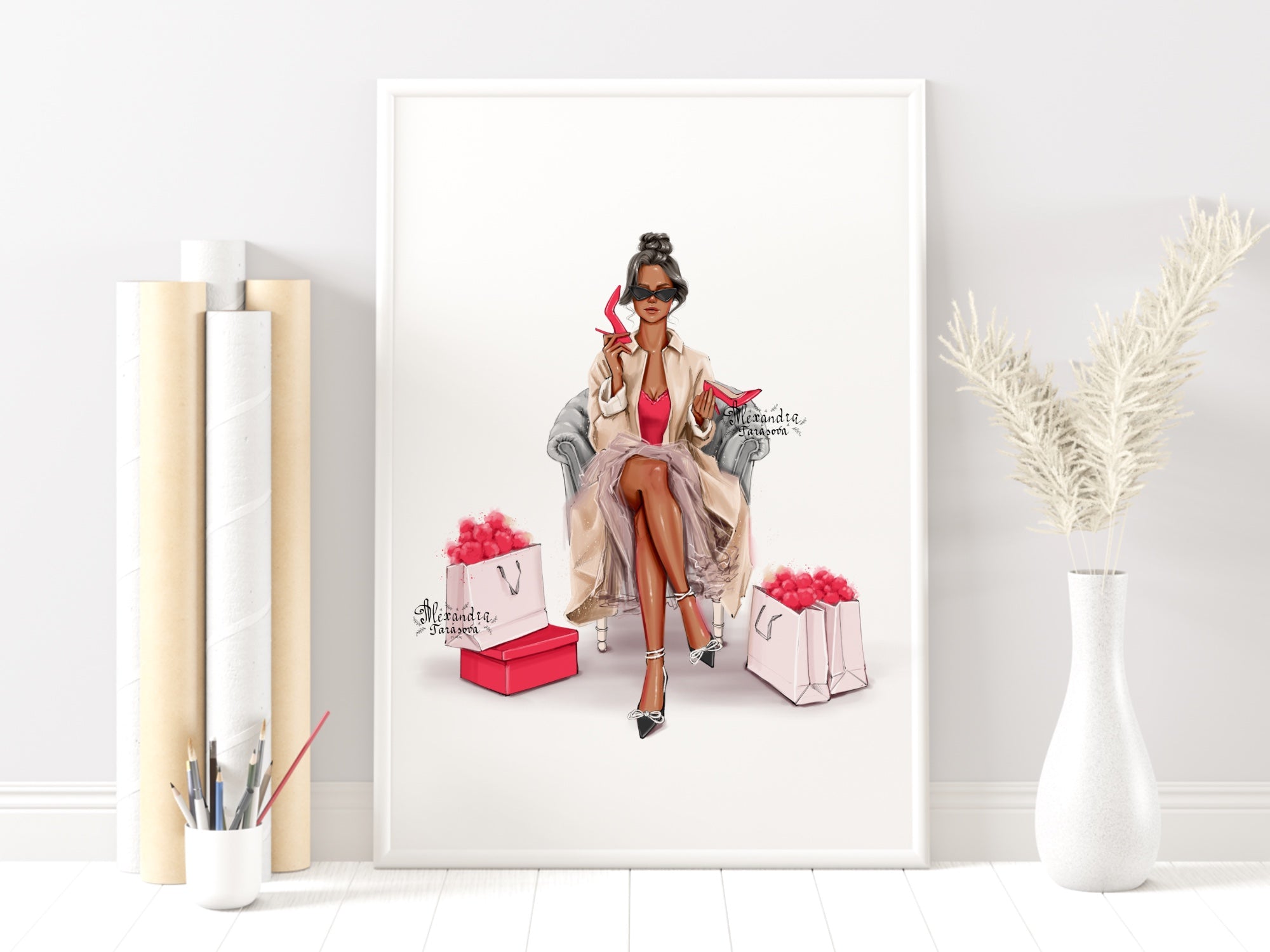 Digital Watercolor Illustration Fashion Girl Black Boss Girl Stylish Red Shoes Printable Art Watercolor Painting Drawing Style