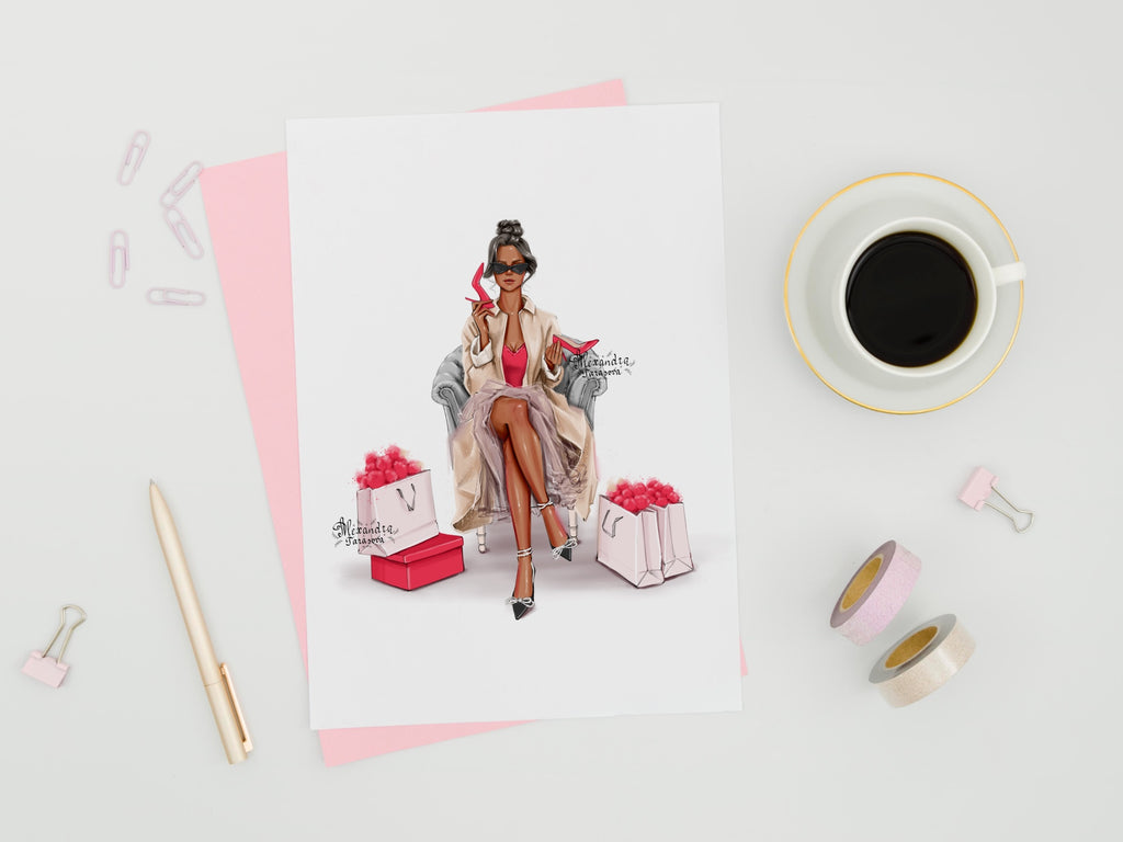 Digital Watercolor Illustration Fashion Girl Black Boss Girl Stylish Red Shoes Printable Art Watercolor Painting Drawing Style