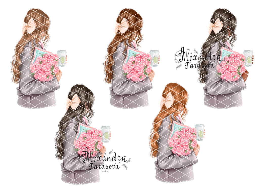 Digital Watercolor Illustration Fashion Girl Spring Essentials Trendy Hairstyles Champagne Umbrella Tulips Cupcake Planner Cup Tea Flower