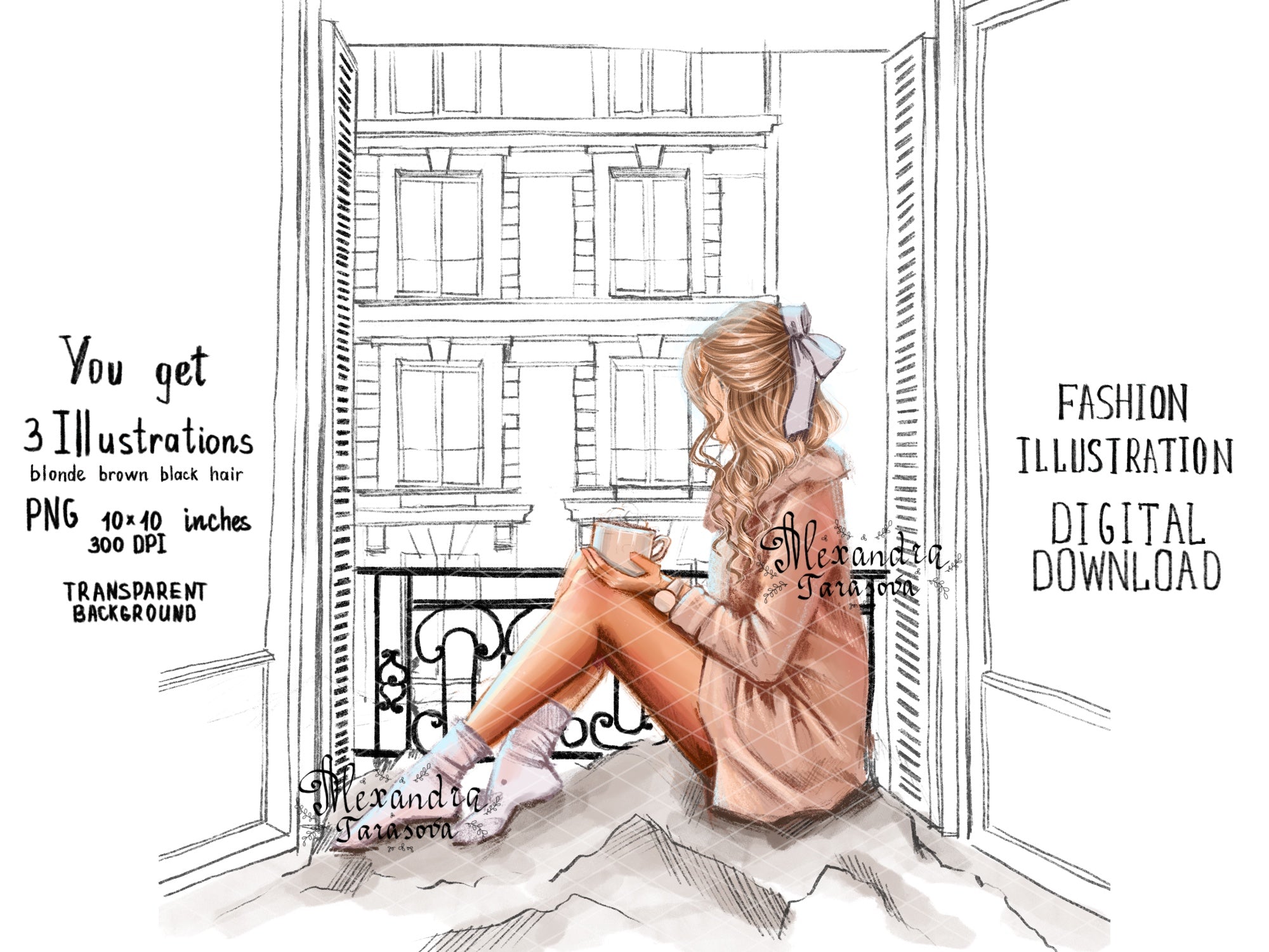 Digital Illustration Fashion Girl Watercolor Painting Window Paris Printable Art Clipart Stickers