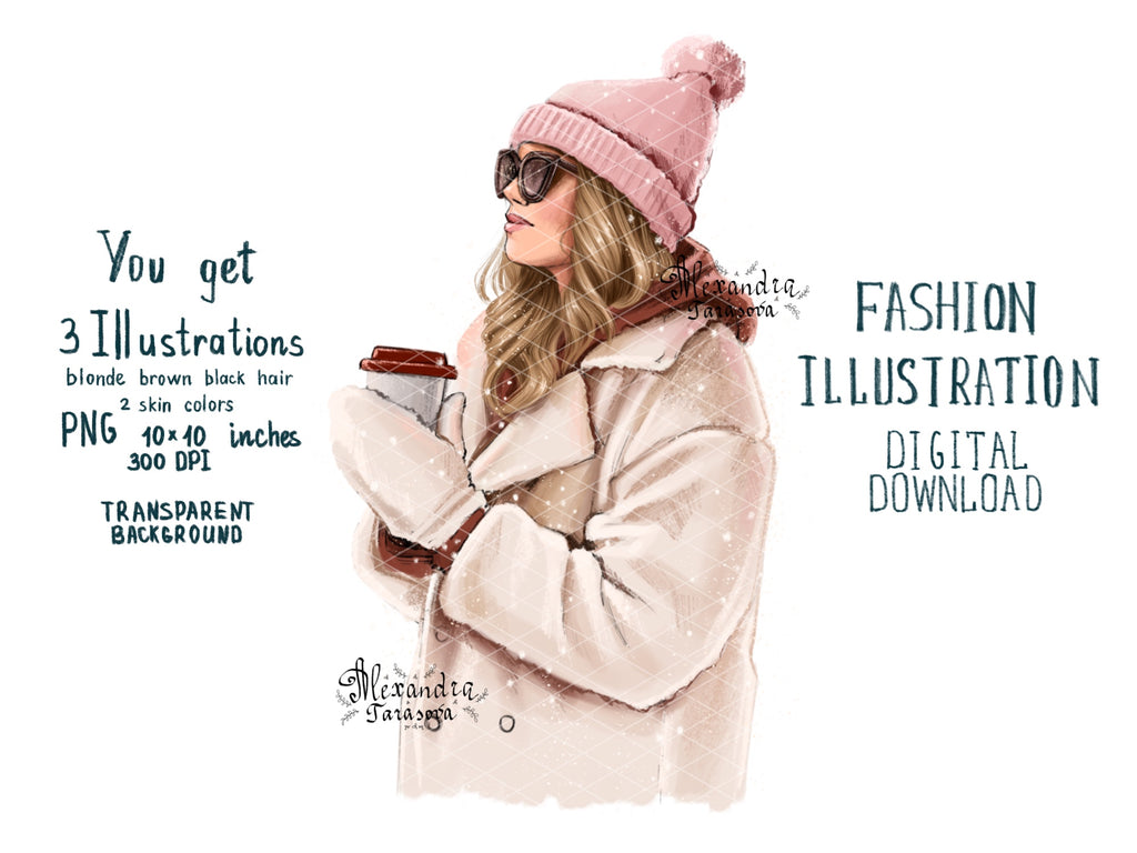 Digital Watercolor Illustration Winter Fashion Girl Instant Download Snow Stylish Coat Pink Outfit Trendy Hairstyles Black Boss Girl