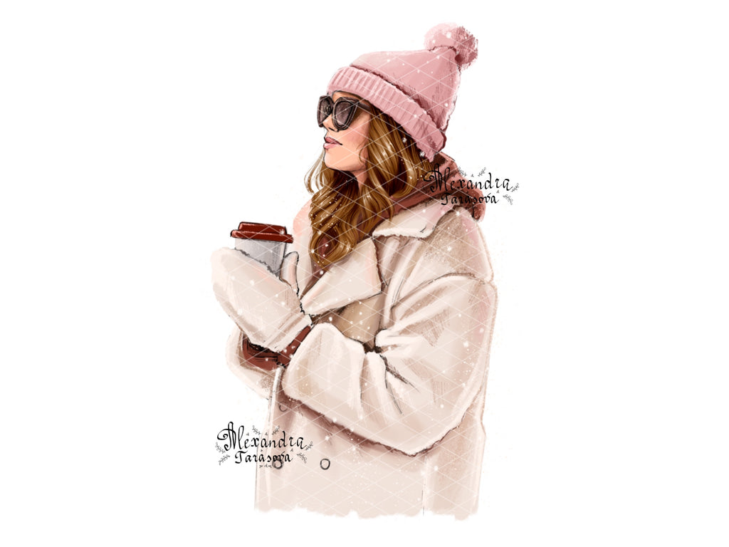 Digital Watercolor Illustration Winter Fashion Girl Instant Download Snow Stylish Coat Pink Outfit Trendy Hairstyles Black Boss Girl