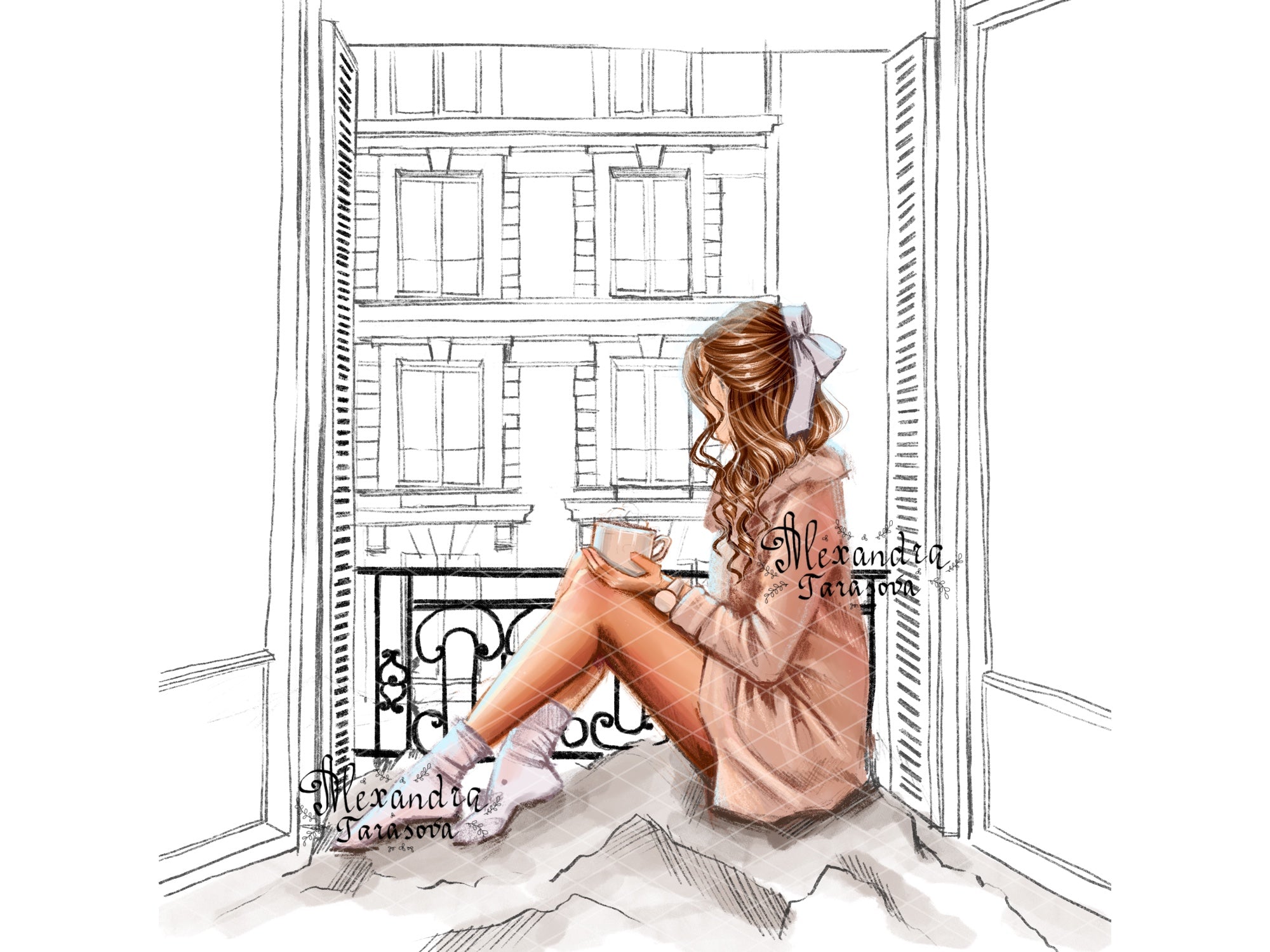 Digital Illustration Fashion Girl Watercolor Painting Window Paris Printable Art Clipart Stickers