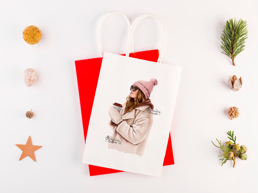 Digital Watercolor Illustration Winter Fashion Girl Instant Download Snow Stylish Coat Pink Outfit Trendy Hairstyles Black Boss Girl