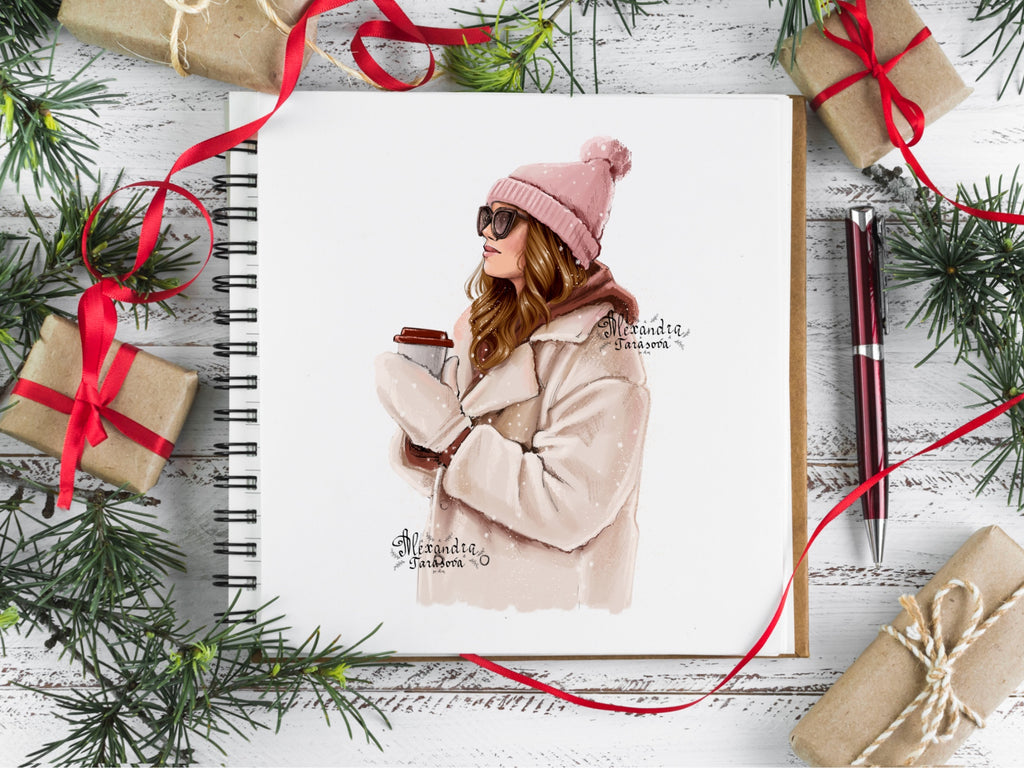 Digital Watercolor Illustration Winter Fashion Girl Instant Download Snow Stylish Coat Pink Outfit Trendy Hairstyles Black Boss Girl