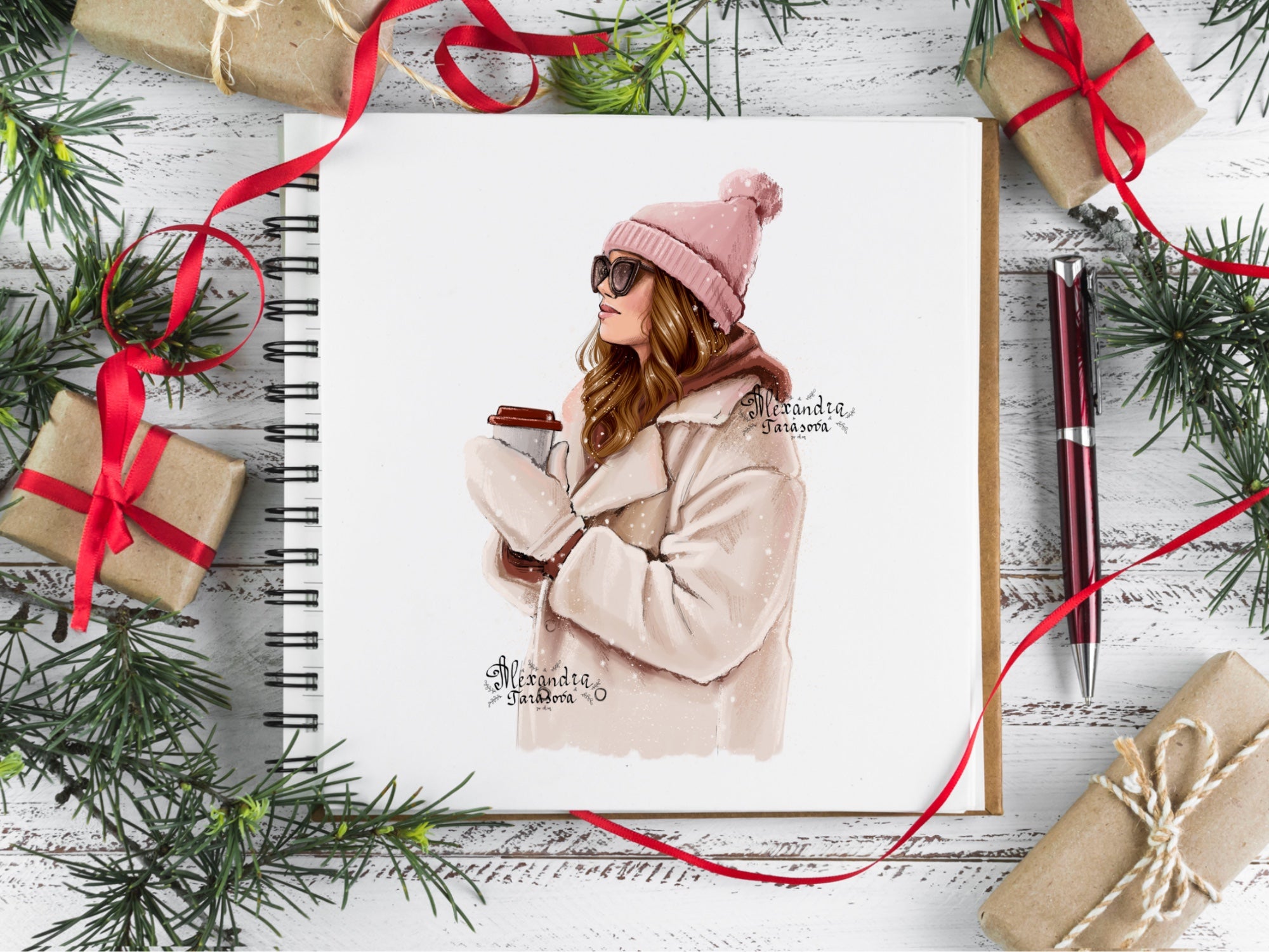 Digital Watercolor Illustration Winter Fashion Girl Instant Download Snow Stylish Coat Pink Outfit Trendy Hairstyles Black Boss Girl