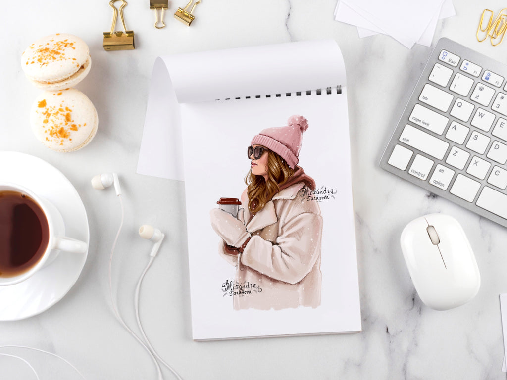 Digital Watercolor Illustration Winter Fashion Girl Instant Download Snow Stylish Coat Pink Outfit Trendy Hairstyles Black Boss Girl