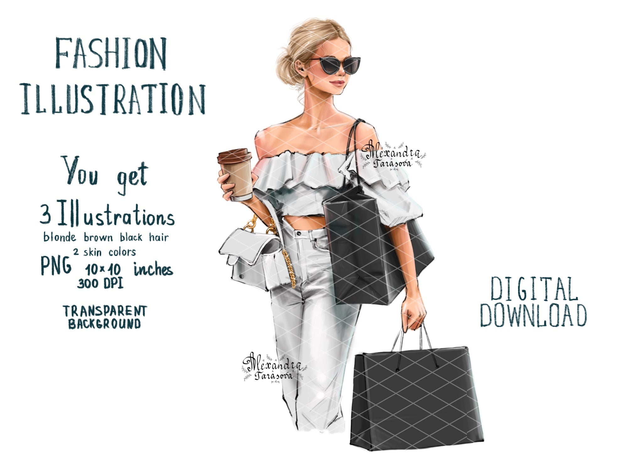 Instant Download Digital Watercolor Illustration Fashion Girl Trendy Hairstyles Shopping Black Bag Drawing Style Clipart Planner